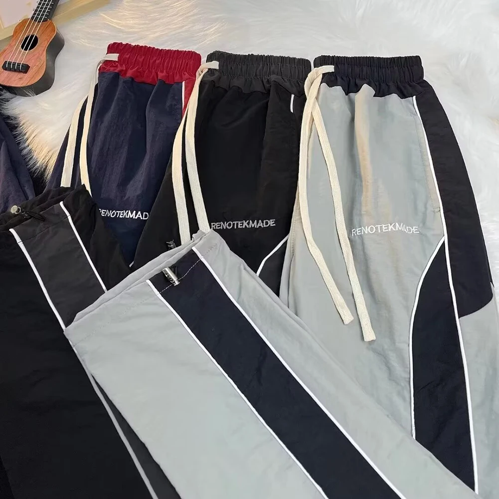 Mens Slightly Elastic Versatile Overalls Loose Trendy Stitching Sweatpants Pants