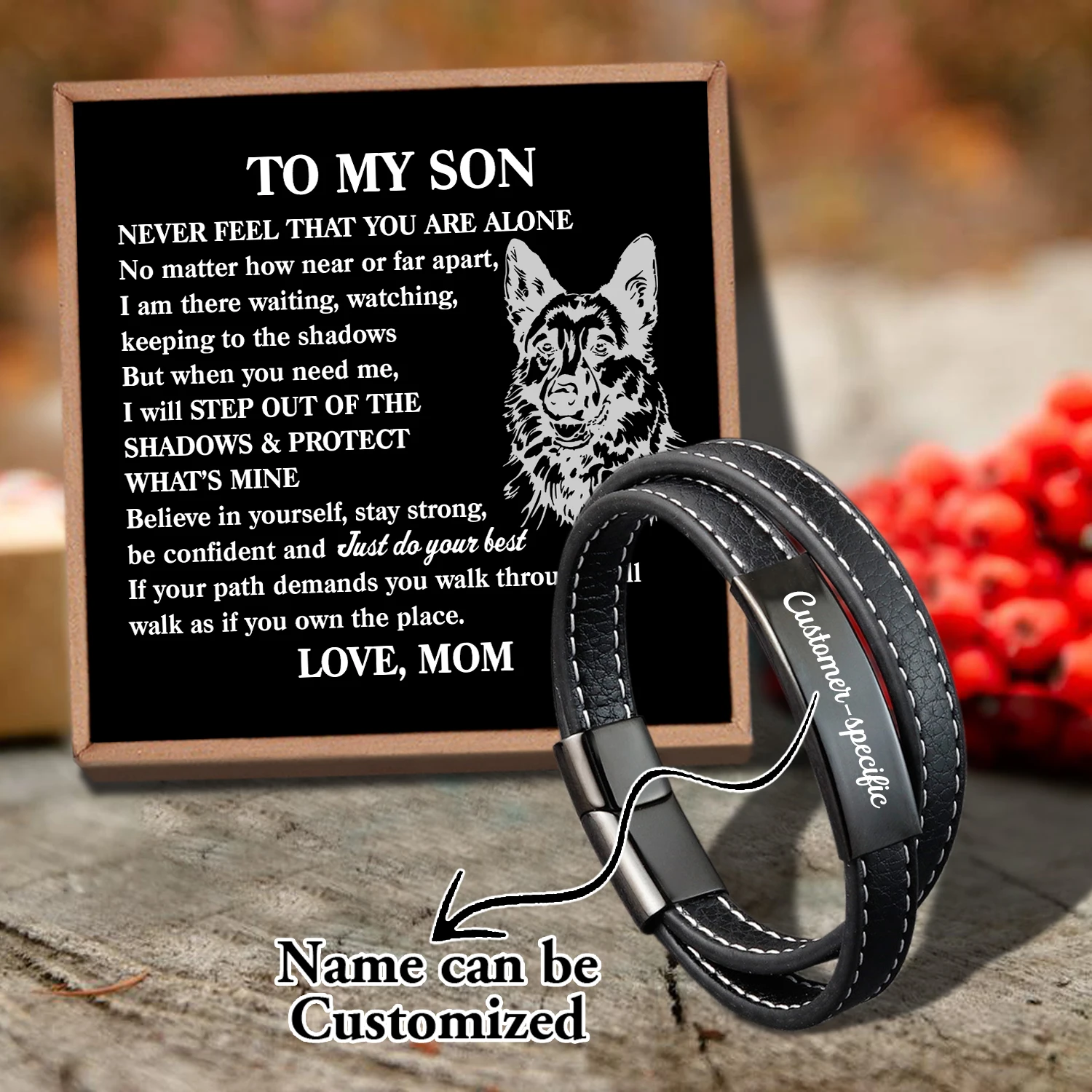 

Sam3028 Mom To My Son Name Can Be Customized Woven Bracelet Card text Men's Fashion Magnet Clasp Multi-layer Leather Bracelet