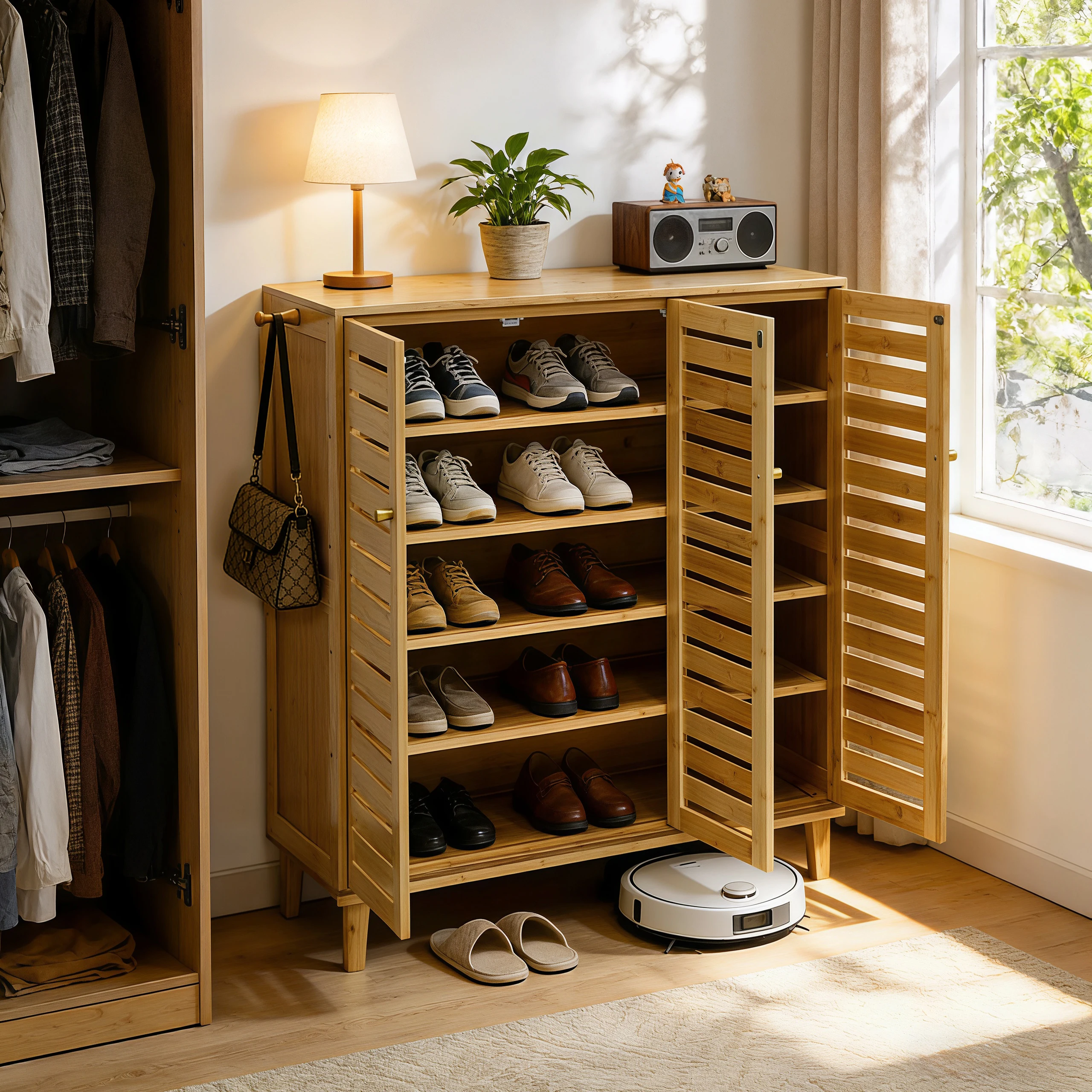Bamboo Shoe Storage Cabinet with Slatted Doors, 5-Tier Wooden Shoe Organizer Cupboard for Entryway Hallway, Freestanding Large Shoe Rack with Side Hooks & Magnetic Closure