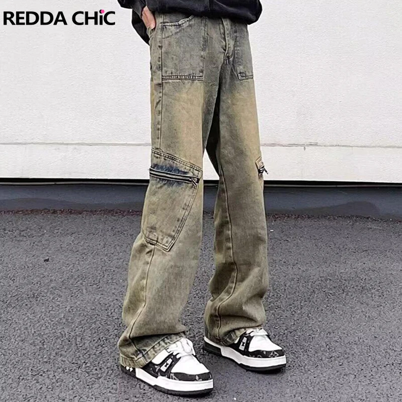 

REDDACHIC Do Old Men's Cargo Jeans Plus Size Hip Hop Vintage Washed Multi-pocket Wide Leg Straight Denim Pants Y2k Streetwear