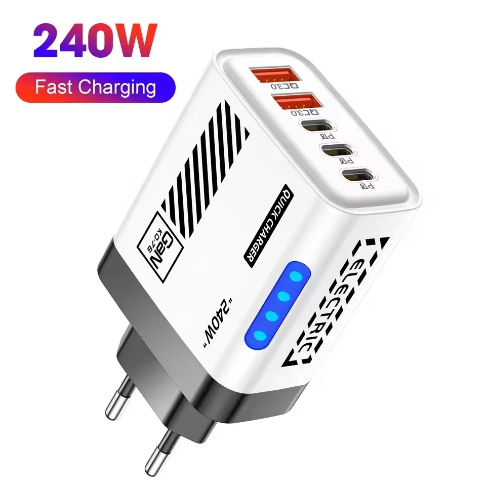 240W Superschnelles Ladegerät 5-in-1 LED-Licht 5-Port GaN Telefonladegerät Adapter 10A Kabel für iPhone Xiaomi EU/US-Stecker Ladegerät