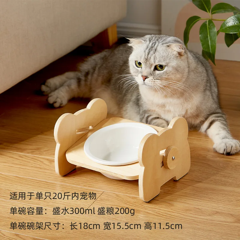 Bamboo Elevated Puppy Cat Bowls with Stand Adjustable RaisedCat Food Water Bowls Holder Rabbit Feeder for Small Medium Pet