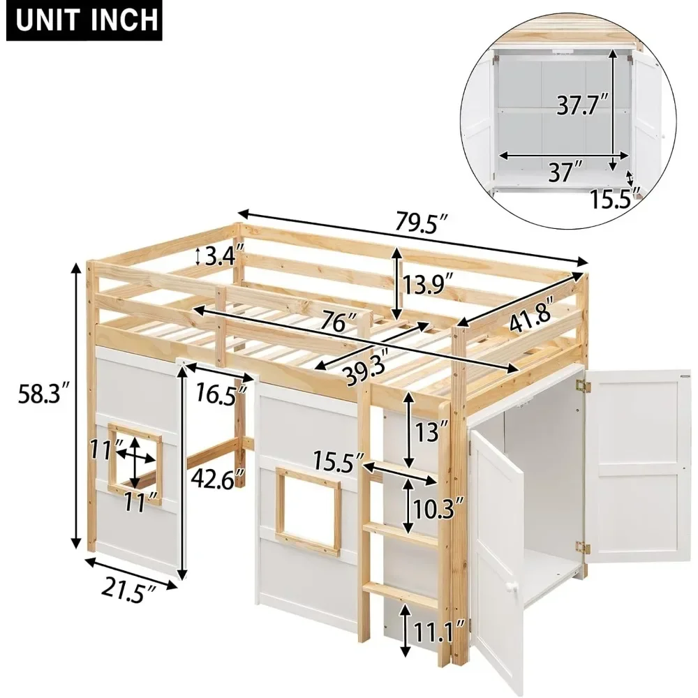 Wood Twin Size Loft Bed Frame with Built-in Storage Wardrobe and 2 Windows, Playful Design Beds with Safety Guardrails and Stair