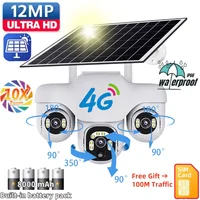 Cámara Solar 4G de tres lentes PTZ, Monitor de vídeo para exteriores, 12MP, 3 pantallas CCTV, Zoom 10X, vigilancia de seguridad, cámara IP de audio bidireccional