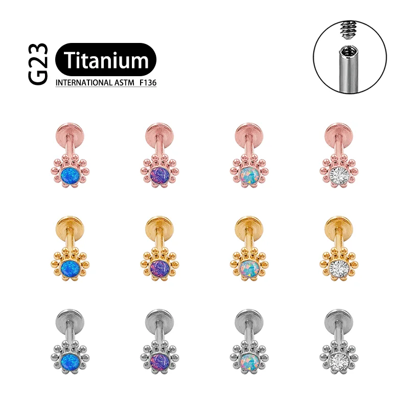 G23 Titanium Lip Labret Nose 16G Green Opal Zircon Internally Threaded Earring Helix Tragus Cartilage Ear Piercing Jewelry