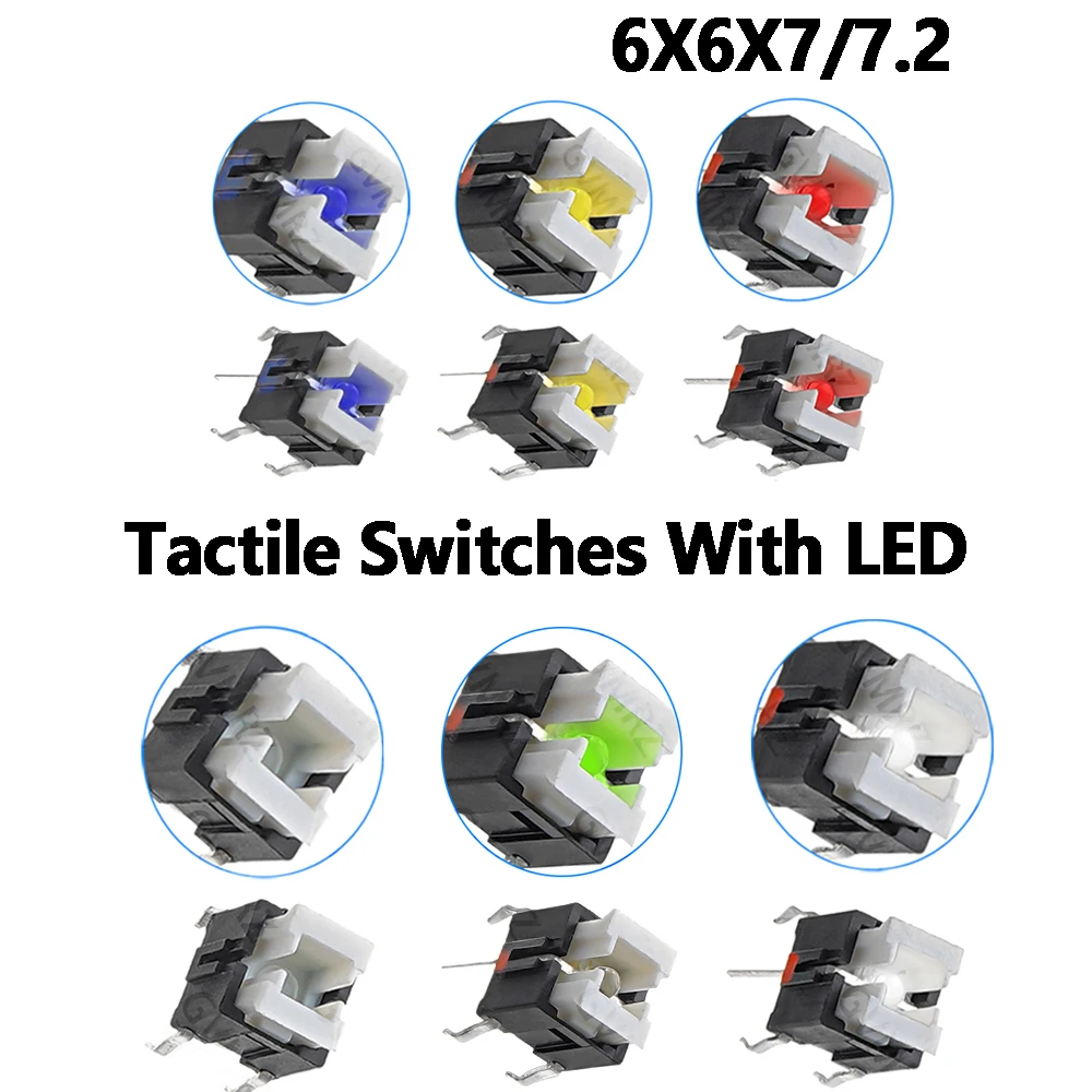 10PCS/lot 6*6*7 Iight Touch Switch 6*6*7.2mm H Tactile Switches With LED Yellow Red Green 6X6X7 MM Microswitch/Key White Blue