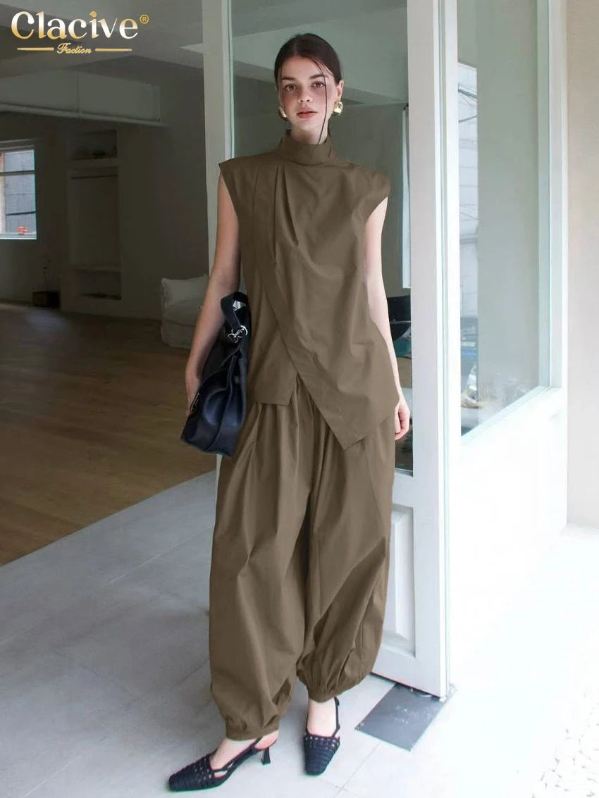 

Clacive Summer Loose Khaki Cotton Women's Two Pieces Set 2026 Fashion Sleeveless Tank Top With High Waist Wide Pants Set Female