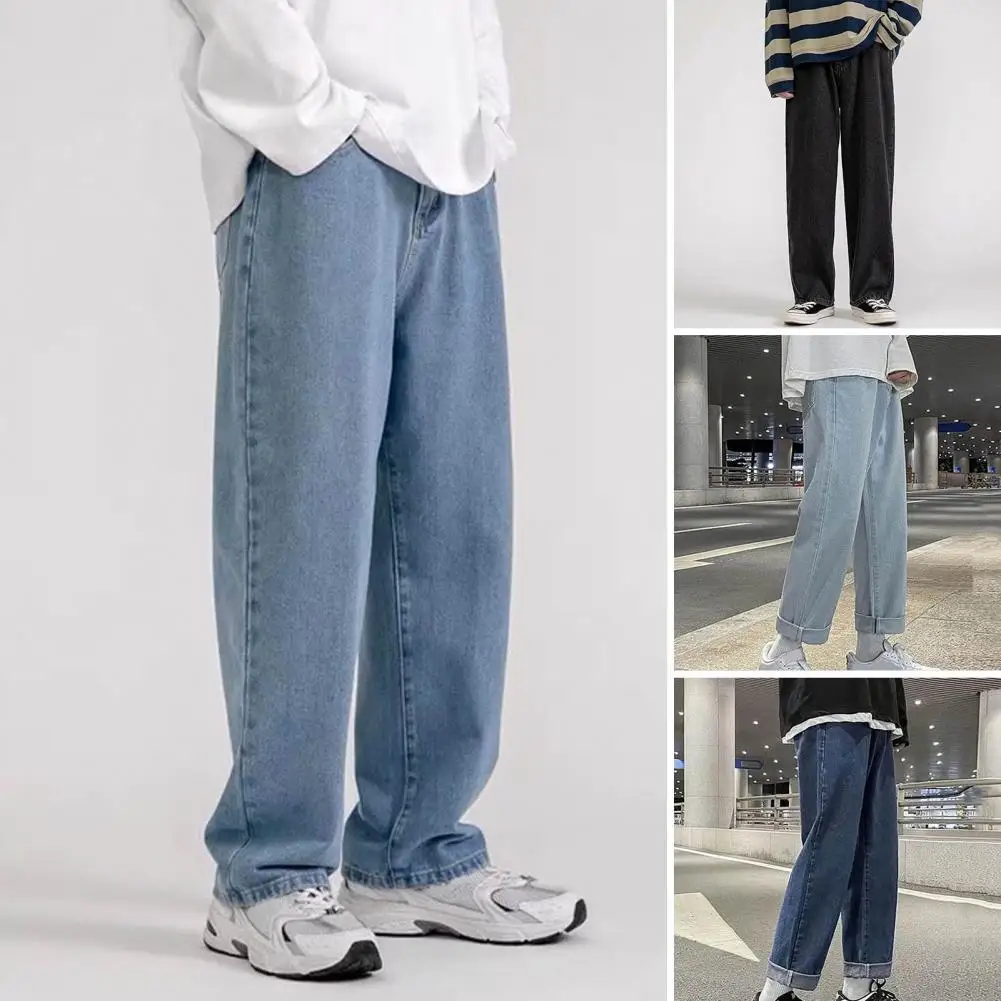 Men Jeans Retro Streetwear Men's Wide Leg Jeans Solid Color Soft Fabric Button-zip Closure Stylish Comfortable Long Pants Retro