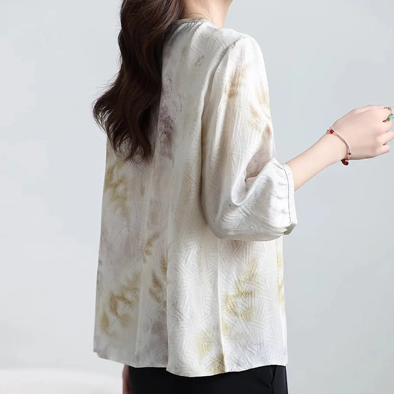 Chinese Style New Silk Shirt High-End Top Women's round Neck Mother's Printed T-shirt Summer Clothing