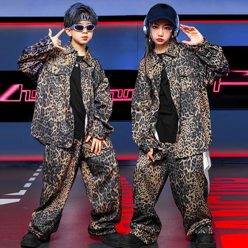 

Children Street Dance Set Girls Jazz Performance Clothes Leopard Hip Hop Dance Shirt Loose Pants Kid Dancer Team Stage Wear