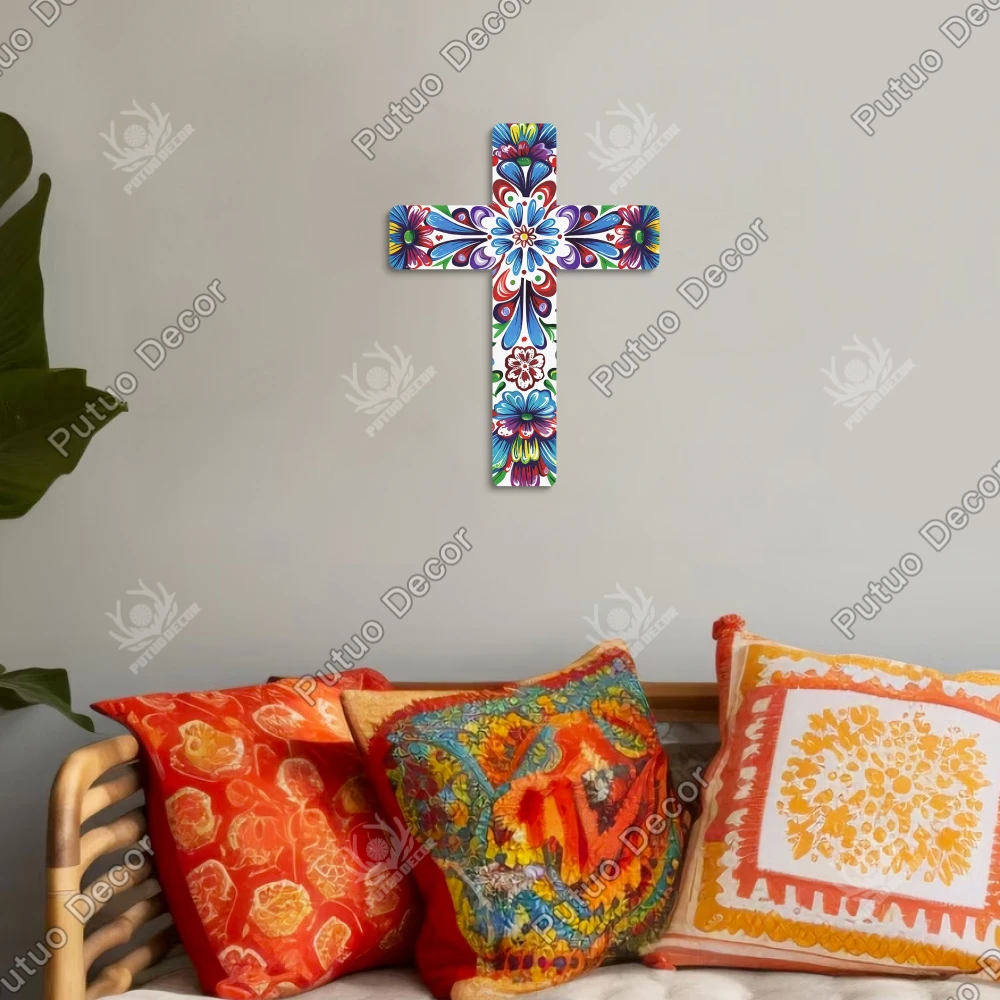 Putuo Decor Mexican Flower Pattern Wooden Wall Decor, Day of the Dead Decorative Wooden Wall Mounted Home Cross