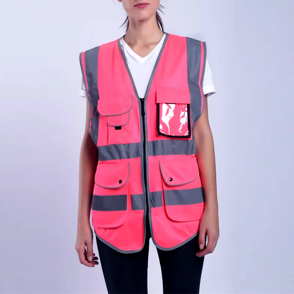 Pink Work Vest For Men Women Hi Vis Safety Vest with Pockets Zipper Construction Workwear Vest Uniforms