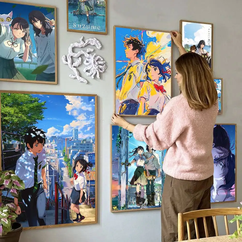 M-Makoto Anime S-Shinkai Movie Sticky Posters Fancy Wall Sticker for Living Room Bar Decoration Vintage Decorative Painting