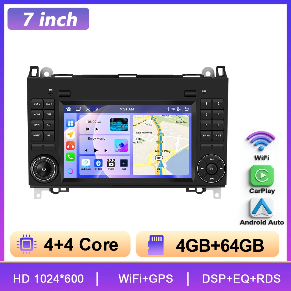 Podofo Carplay Videospeler Autoradio Radio 2din 7" Autoradio voor Mercedes Benz B200 W245 W169 2004-2012 Viano VITO W639 GPS BT
