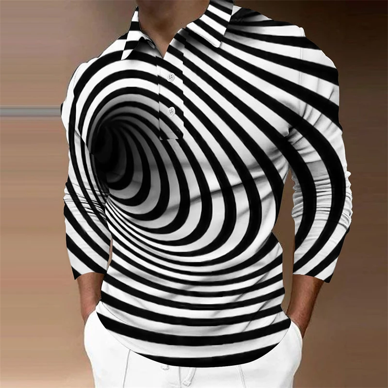 Funny Optical Illusions Pattern Polo Shirt Fashion Autumn Long Sleeve Button 3D Printed Polo T Shirt Loose Streetwear Mens Tops