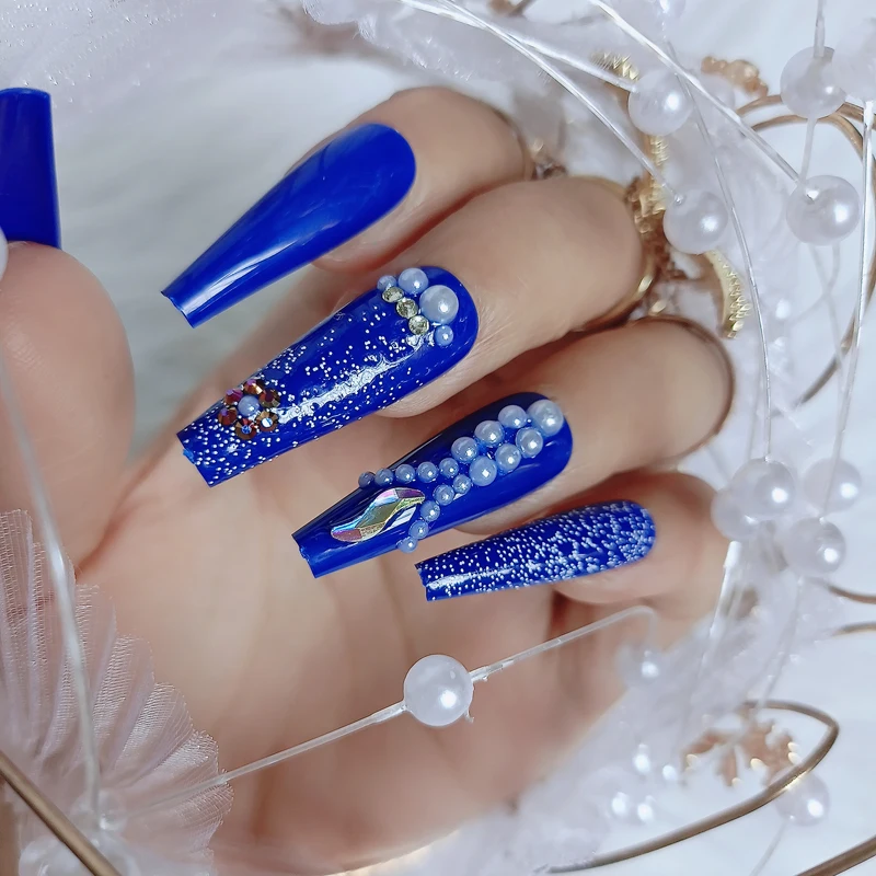 24pcs white 2022 latest luxury jewelry ballet coffin fake nails crystal diamond  deep blue