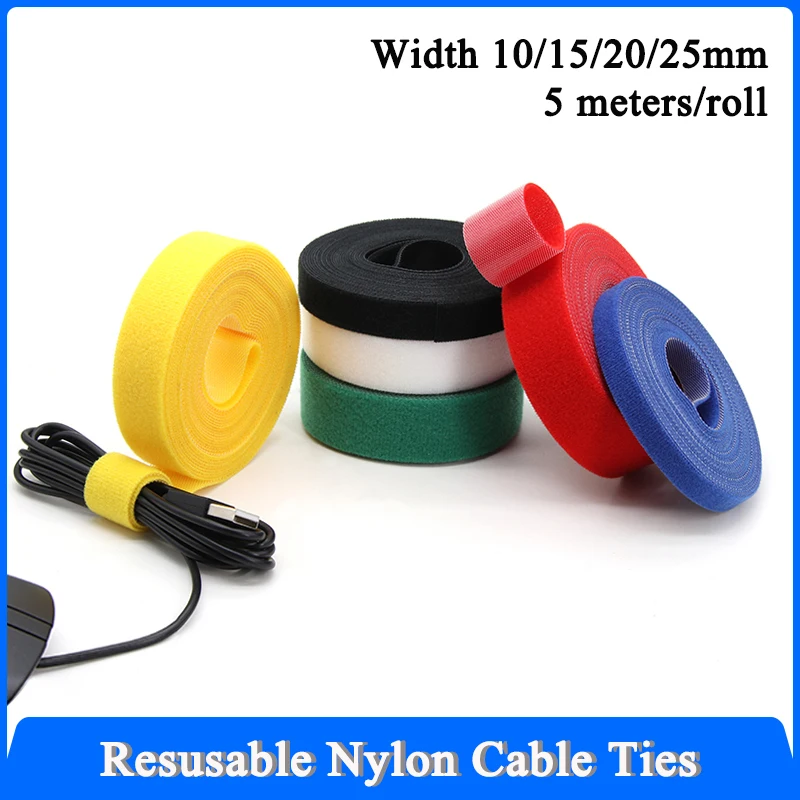 1~30Rolls Cable Organizer USB Cable 10/15/20/25mm Winder Management Nylon Free Cut Ties 5M/Roll Mouse earphone Hook Loop Tape