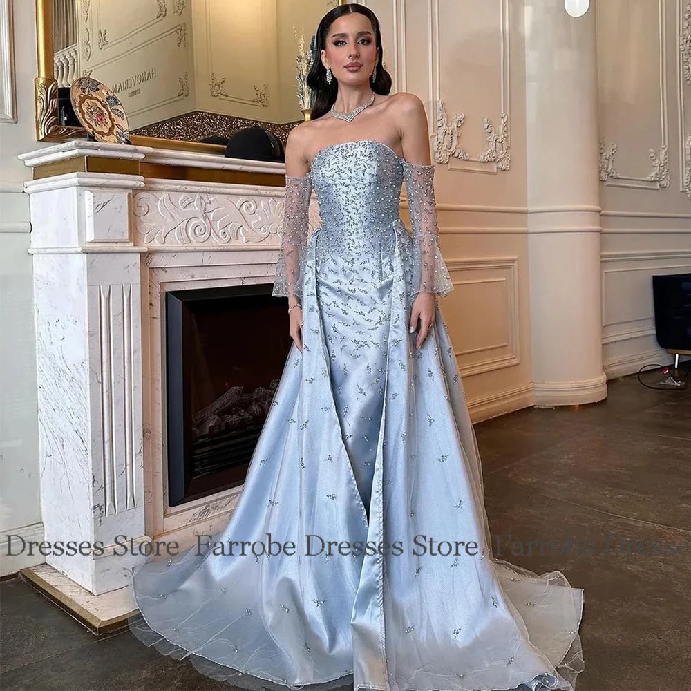 Elegant Birthday Party Dresses Satin Sheath/Column 2025 Luxury Evening Dress Blue Strapless Pearl Beadings Celebrity Gown Long