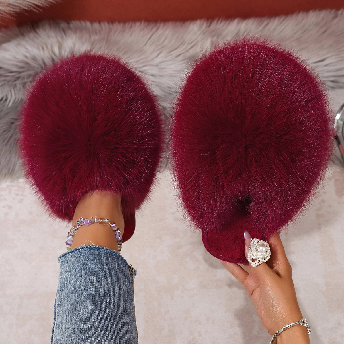 Women Indoor Slippers  Autumn Winter Faux Fur Home Shoes Women Soft Sole Fashion Warm Fluffy Slippers Solid Baotou Slides Women view 3