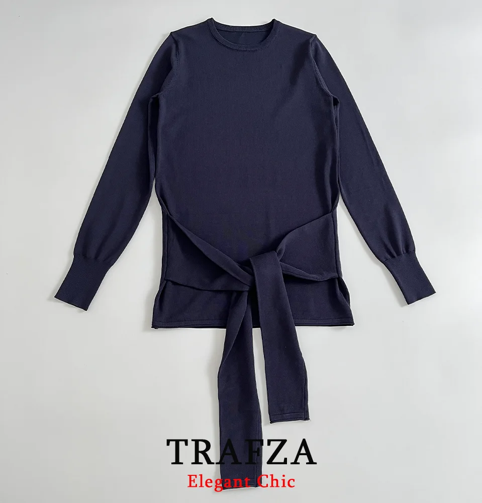 

KONDALA Elegant Lady Slim Sweater Waist Knot O-Neck Pullover Knitted Tops 2025 Spring Fall Fashion Simple Casual Female Sweater