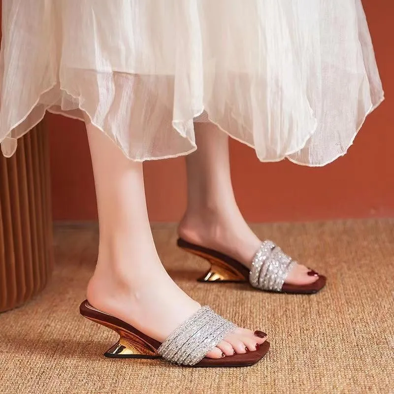 Women's Fashion Slippers Summer New Rhinestone Fine Belt Shaped Wedge Square Head Temperament High Heels