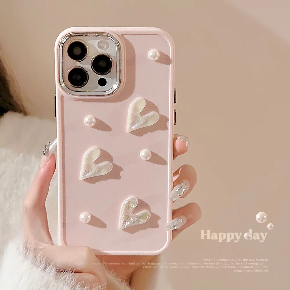 Ins Cute 3D Pearl Love Heart Phone Case For iPhone 16 15 14 13 12 11 Pro Max X XS XR 8 7 Plus SE 2022 Soft Silicone Bumper Cover