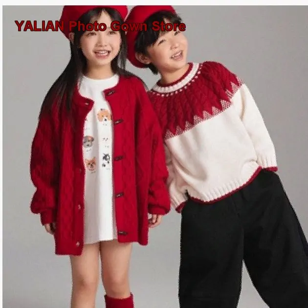 Sibling Boys Girls Thickened Knit Sweater Set for Children Warm Winter Outfit for New Year Kids