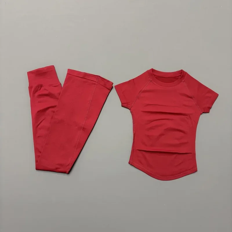 2-teiliges Sport-Kurzarm-Top-Set Einfarbig Sexy Yoga T-Shirt Damen Fitness Schlaghose Nahtloses Gym Kurzarm-Top-Set – Detail 22