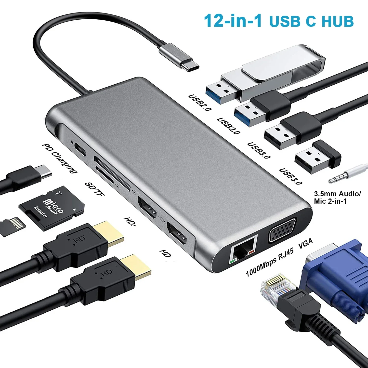 

USB-концентратор C с тройным дисплеем и двойным монитором, адаптер для ноутбука, концентратор USB C на 2 HDMI 4K VGA Ethernet 100 Вт PD 4USB аудио для MacBook Pro OTG