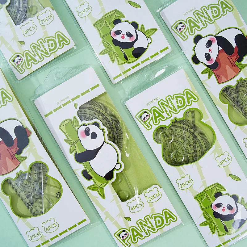 

12 set Panda Cute Cartoon Rulers Multi-function Triangular Ruler Protractor Four-piece Set Student Gifts Stationery