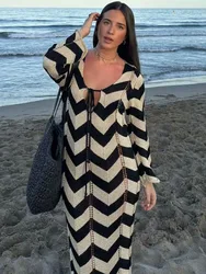 Hollow Out Lace Up Womens Dresses Elegant Contrast Stripe Knitted Long Sleeve Long Dress Sexy V-neck Summer Beach Casual Robes
