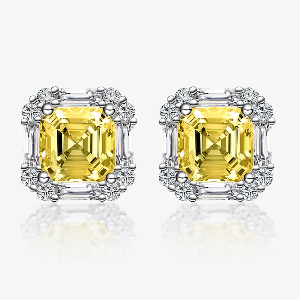 Sterling Silver Color Yellow Gem Square Ear-Sticks Women\'s Earrings Fashion Jewelry