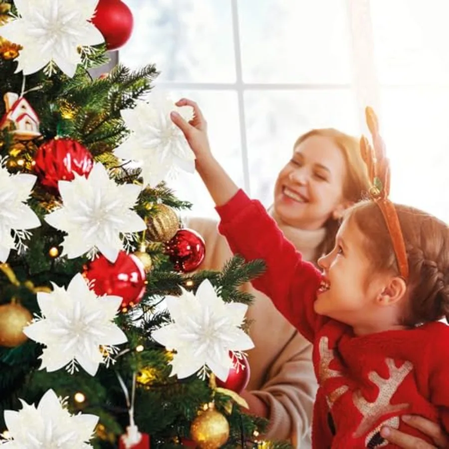 16 قطعة زهرة البونسيتة عيد الميلاد زينة الاصطناعي بريق البونسيتة البيضاء الحلي لشجرة عيد الميلاد إكليل حفل زفاف دي