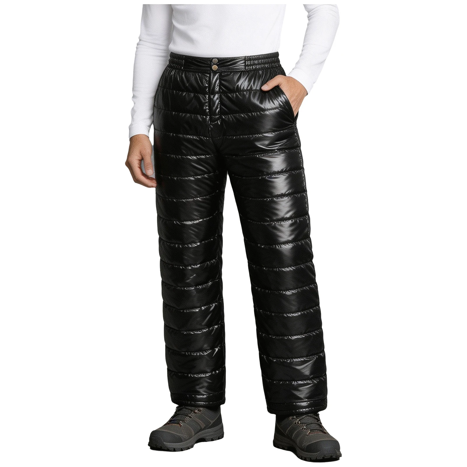 Men Shiny Quilted Puffer Padded Wide Leg Trousers High Elastic Waist Button Winter Thermal Windproof Outdoor Warm Snow Pants