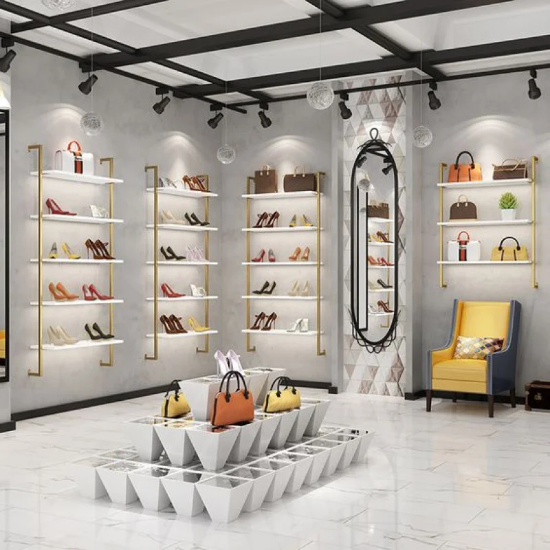 custom.3/4/5 Tiers Metal + MDF Stainless Steel Bag Stand Shelf Multilayer Wall Mounted Boutique Shoe Store Display Racks fo