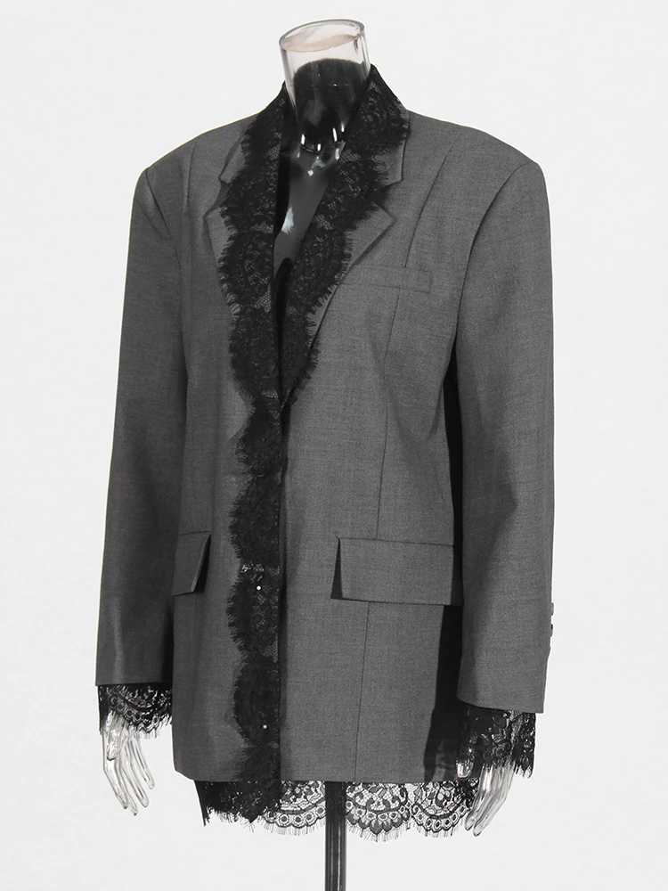 الصلبة المرقعة الدانتيل شيك السترة للنساء محززة طوق كم طويل تقسم جيب مصمم معاطف الإناث نمط #3