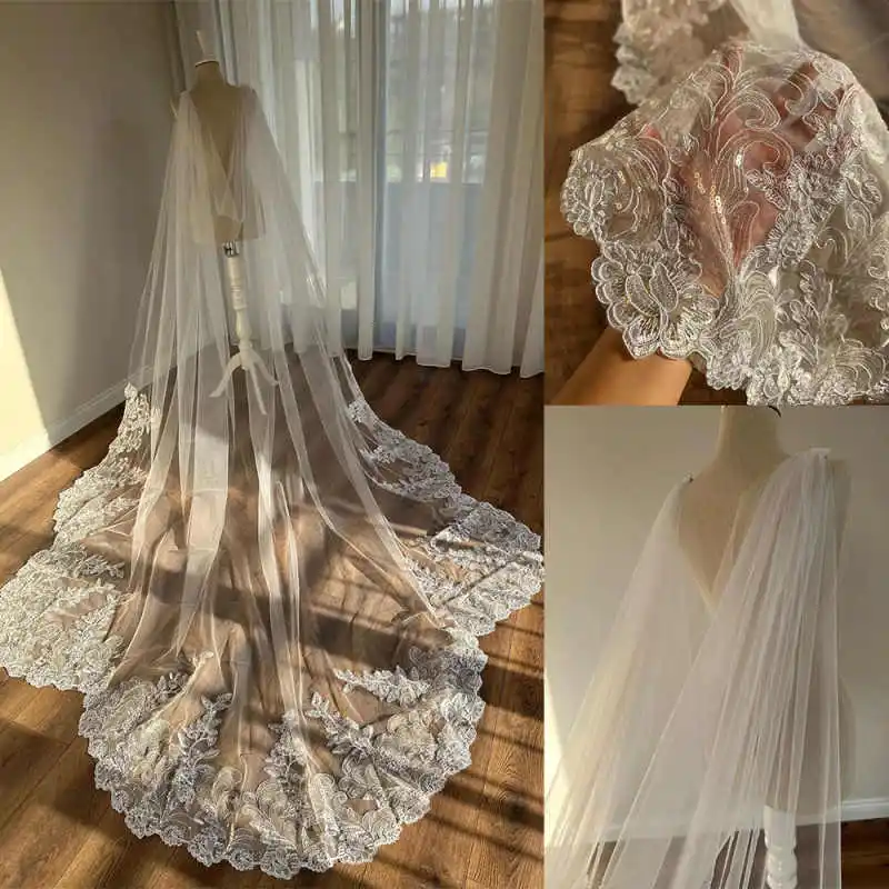 

Customized Wedding Veils Lace Appliques Sequin One Layer Woman Veil 3m Cathedral With Comb Bride Accessories