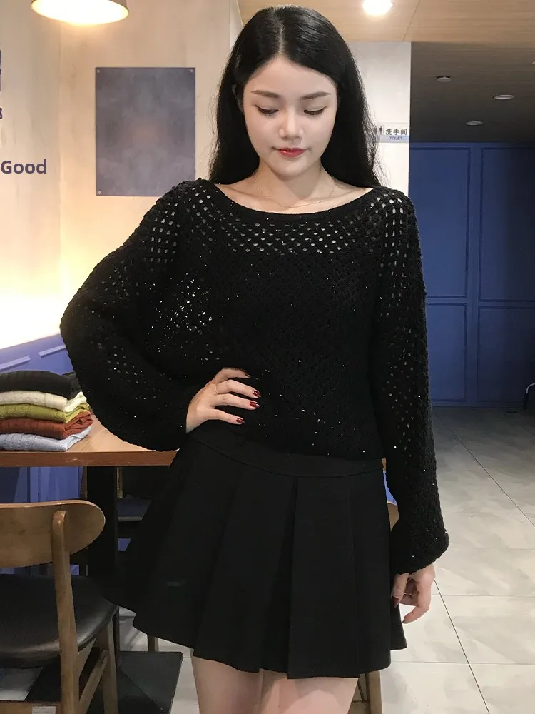 เสื้อสเวตเตอร์ถักไหมพรมผู้หญิงระดับไฮเอนด์ ดีไซน์หลวมสบาย ทรงหลวม ดีไซน์โปร่ง แขนยาว คอกลม เหมาะสำหรับฤดูใบไม้ร่วง แฟชั่นสตรีทแวร์