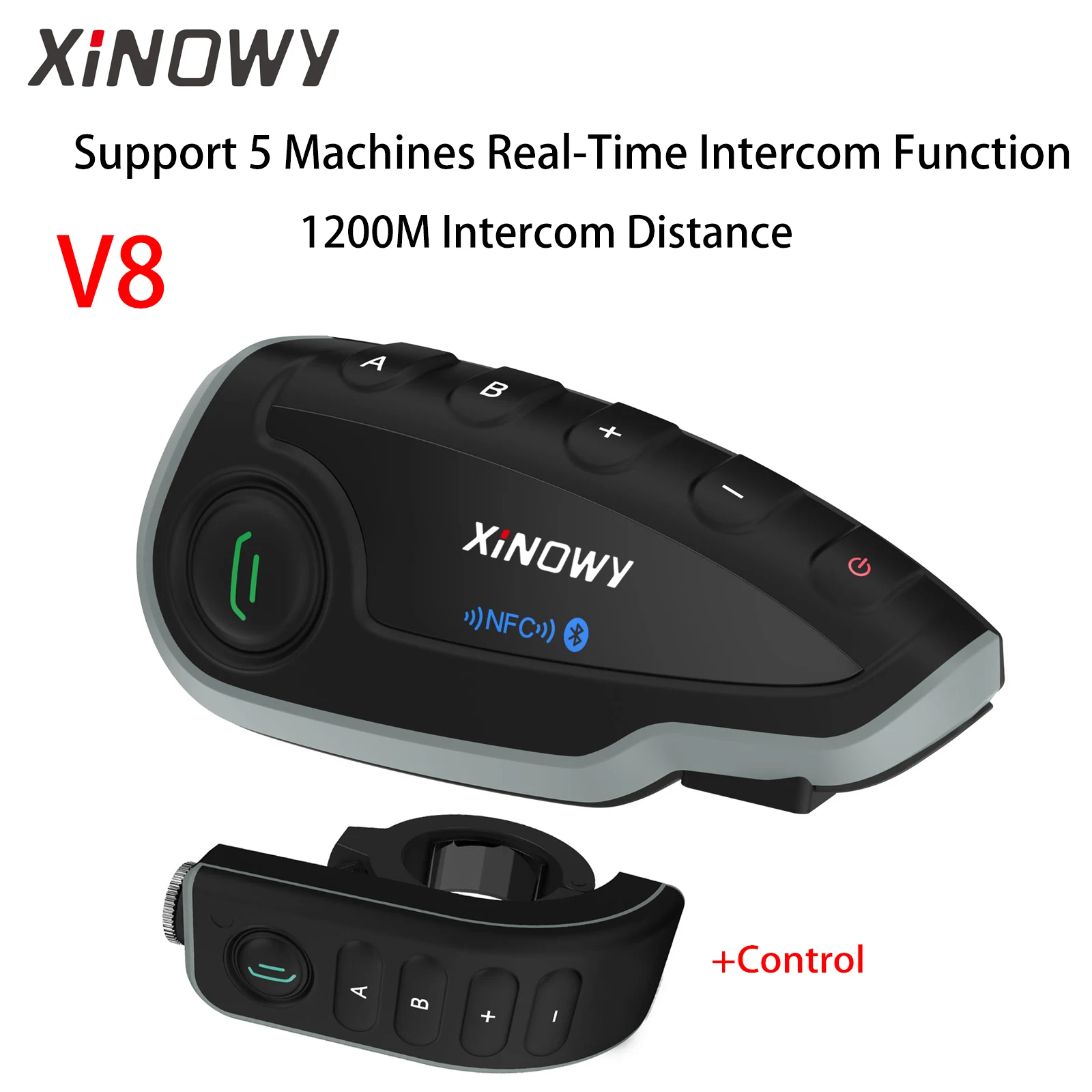 XINOWY V8 Motorcycle Helmet Bluetooth Intercom Headsets 1200M for 5 Riders Interphone Wireless Remote Control FM Radio