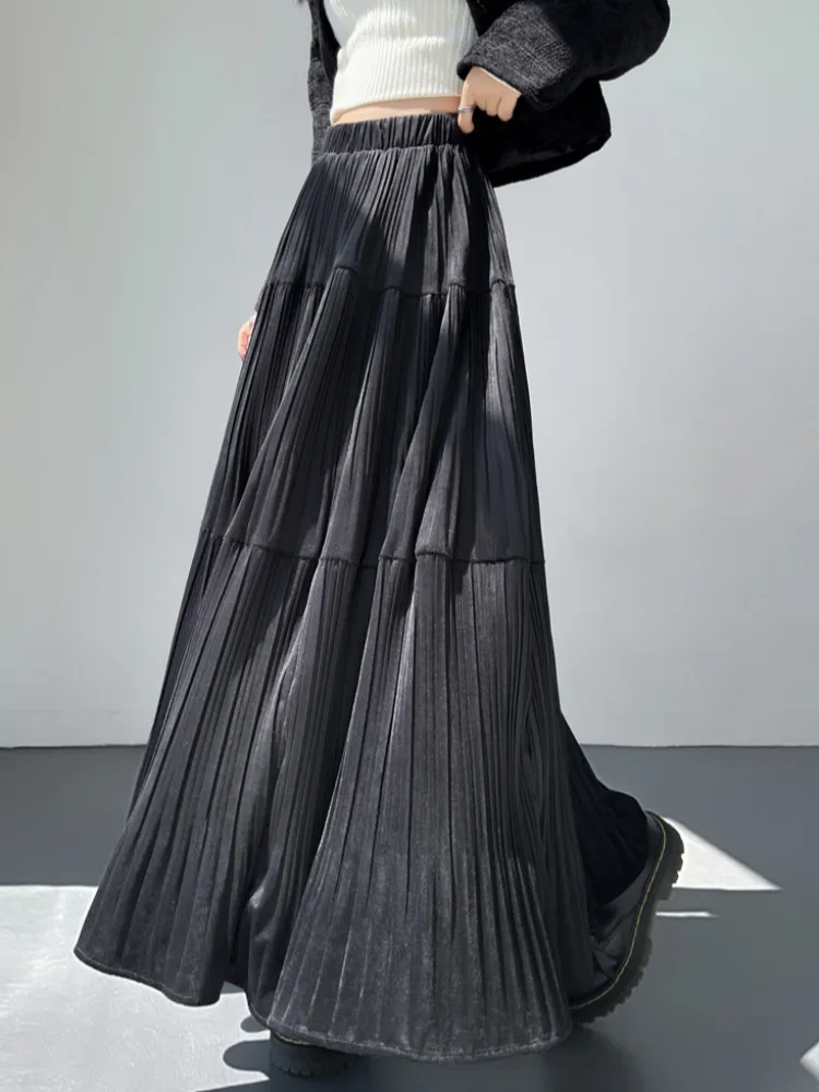 Ele falda de pastel de terciopelo para mujer Otoño Invierno cintura alta A-Line Falda Midi plisada empalme coreano Sle Commute Dr