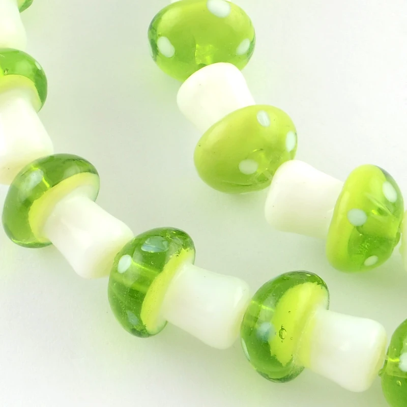 Mushroom Handmade Lampwork Beads Strands Green Yellow 16x12mm Hole: 2mm 20pcs/strand 13.7 inch