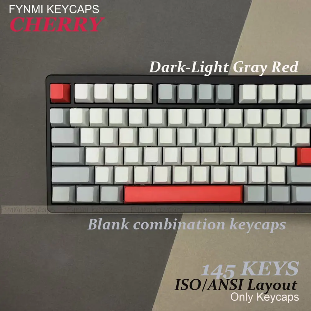 145Keys Fynmi Blank Cherry Profile Keycaps ISO ANSI Dark-Light Gray Red Blank Keycaps Retro Blank Keycaps for Mechanical Keycaps