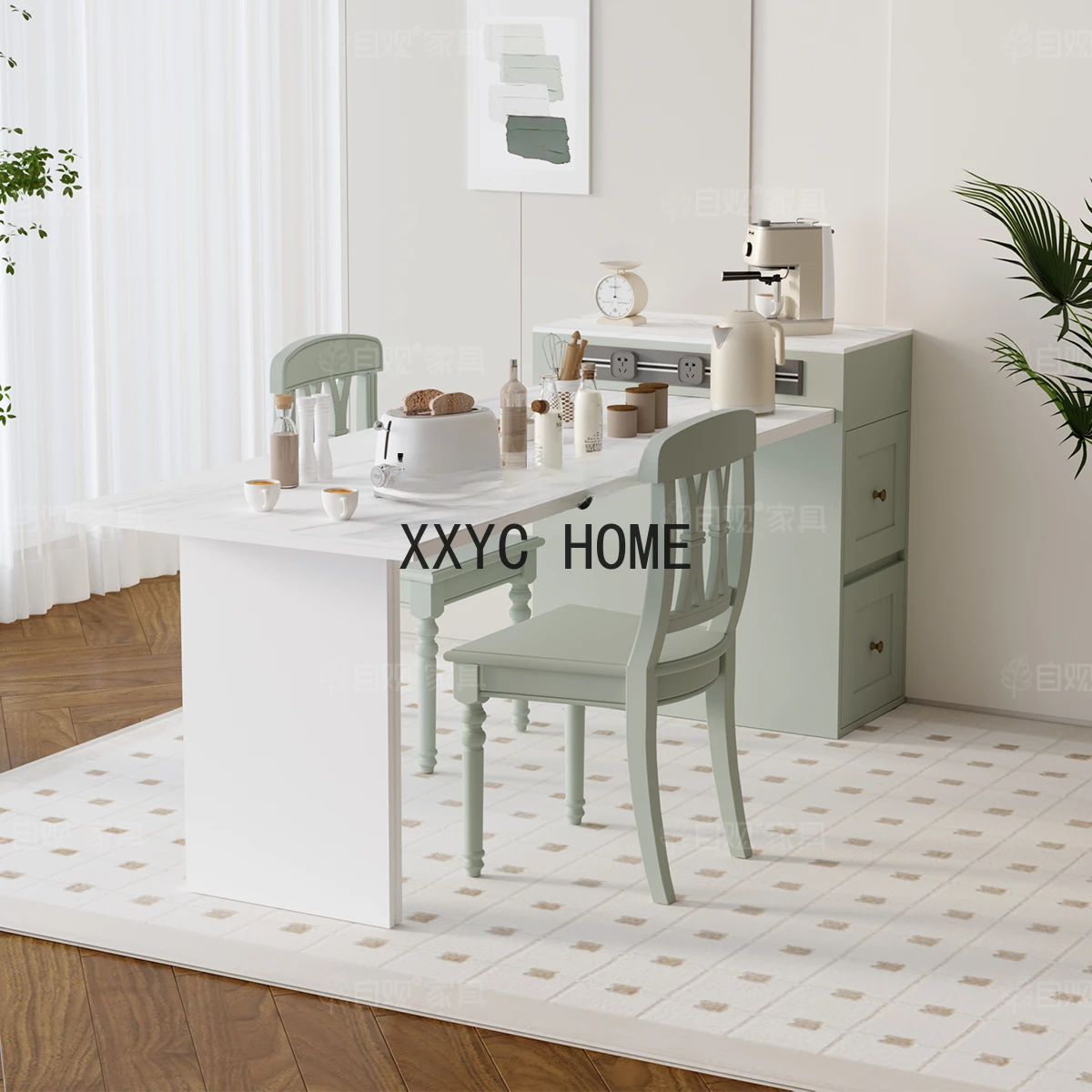 American Kitchen Island Dining Table Integrated Retractable Stone Plate Table Bar Counter Retractable Rectangular Dining Table