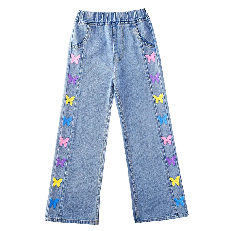 Jeans retos com estampa borboleta para menina, calças jeans para crianças, princesa, de 5 a 14 anos