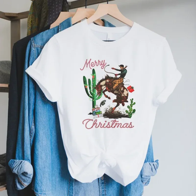 Merry Christmas Cowboy Rodeo T-Shirt Women Cute Funny Holiday Graphic Tee Shirt Vintage Western Tshirt Female New Year Tops