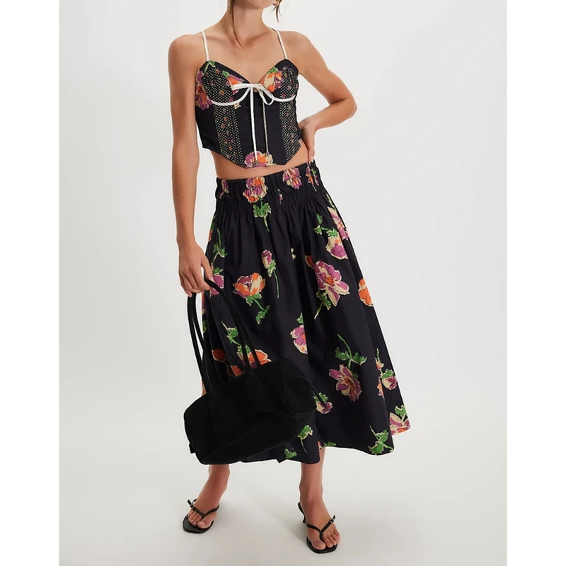 

Женский летний комплект одежды из 2 предметов с цветочным принтом, корсет с завязками на спине, жилет, топ + эластичная широкая длинная юбка трапециевидной формы с низкой талией