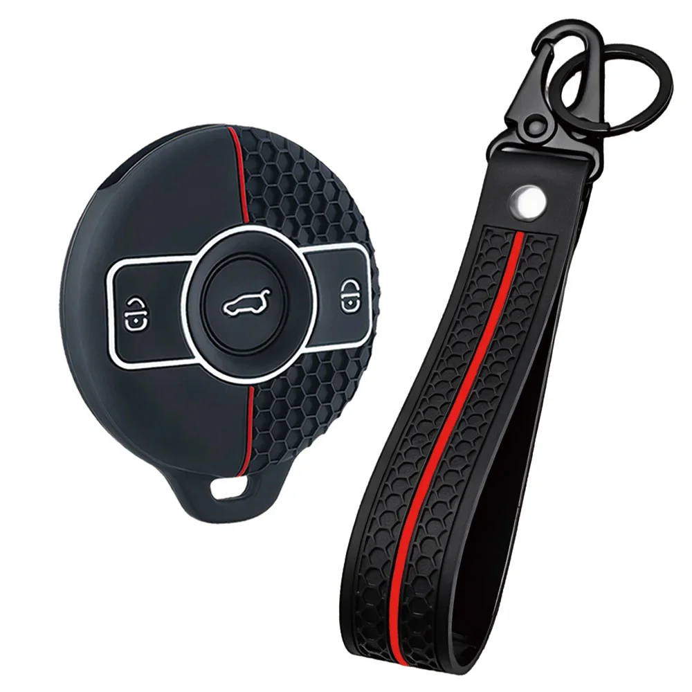 Grooved Honey Red Vertical Stripe Cover With Keychain For SMART Forfour W453 Fortwo BRABUS Shock-absorbent Round Car Key Shell