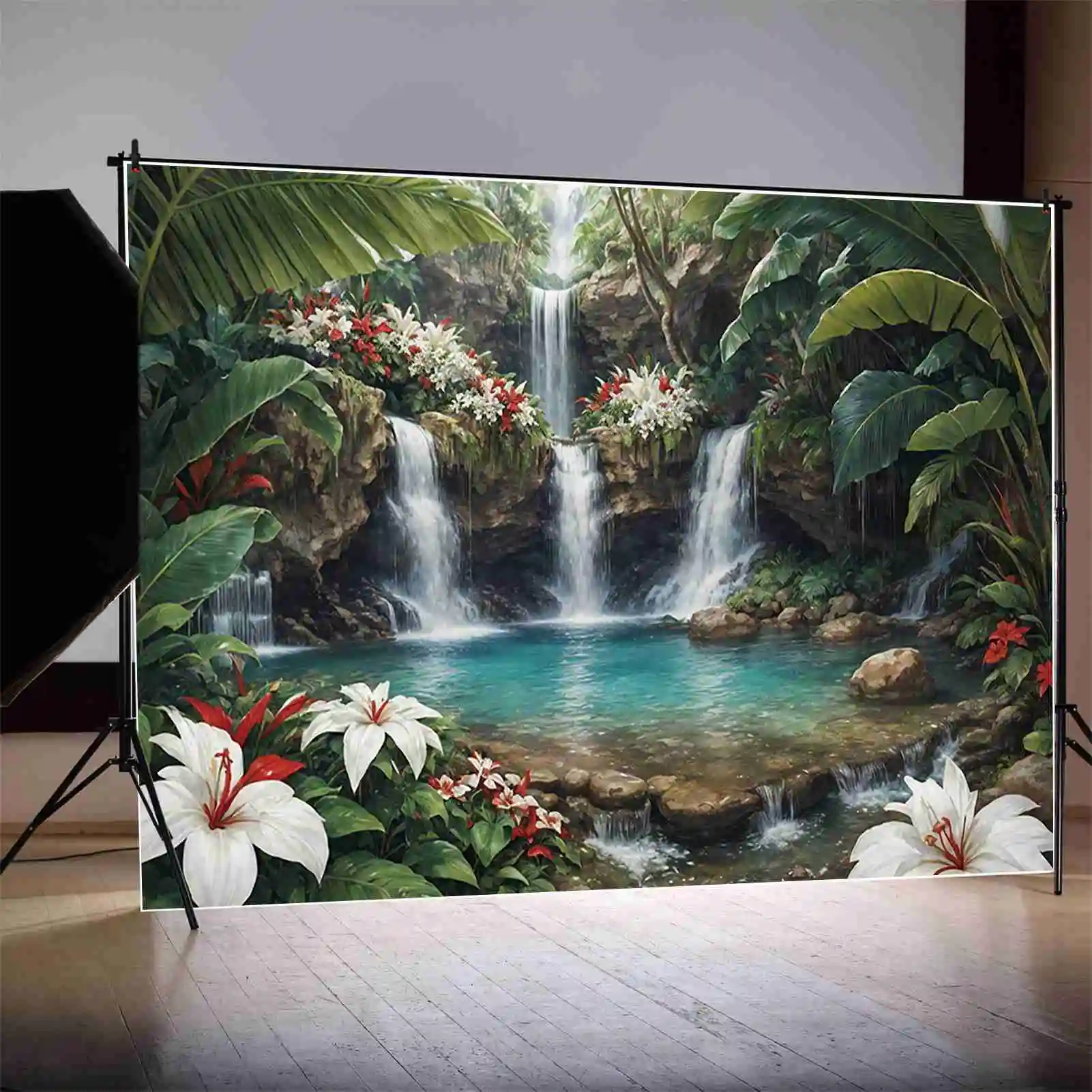 MOON.QG Summer Tropical Rainforest Backdrop Jungle Green Background Holiday Decor Waterfall Studio Photography Photoshoot Props