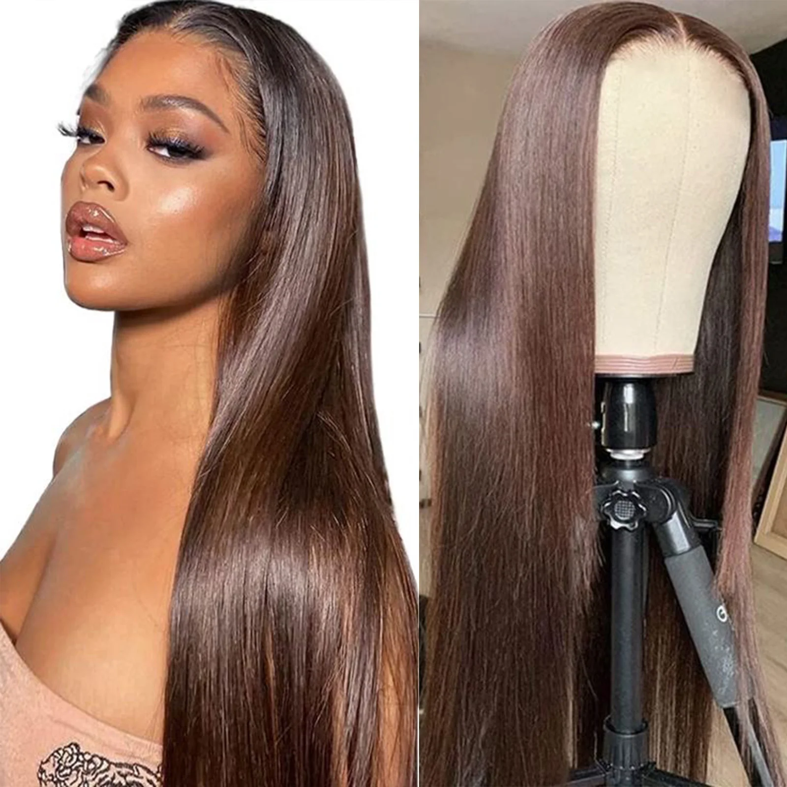 

Прямые парики без клея из 100% натуральных человеческих волос, готовые к носке, с HD-кружевной фронтальной частью, коричневые, 26 дюймов, бразильские.