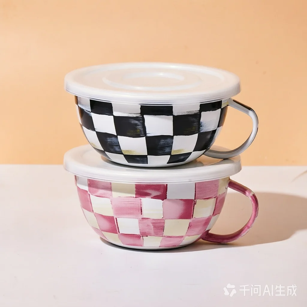 Classic Classic Checkerboard Instant Noodle Enamel Bowl with Lid Student Meal Cup Salad Bowl with Handle with High Temperature Durable - Aliexpress Deal